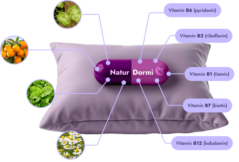 Vankúš s kapsulou NaturDormi® a ikonami vitamínov a bylín.